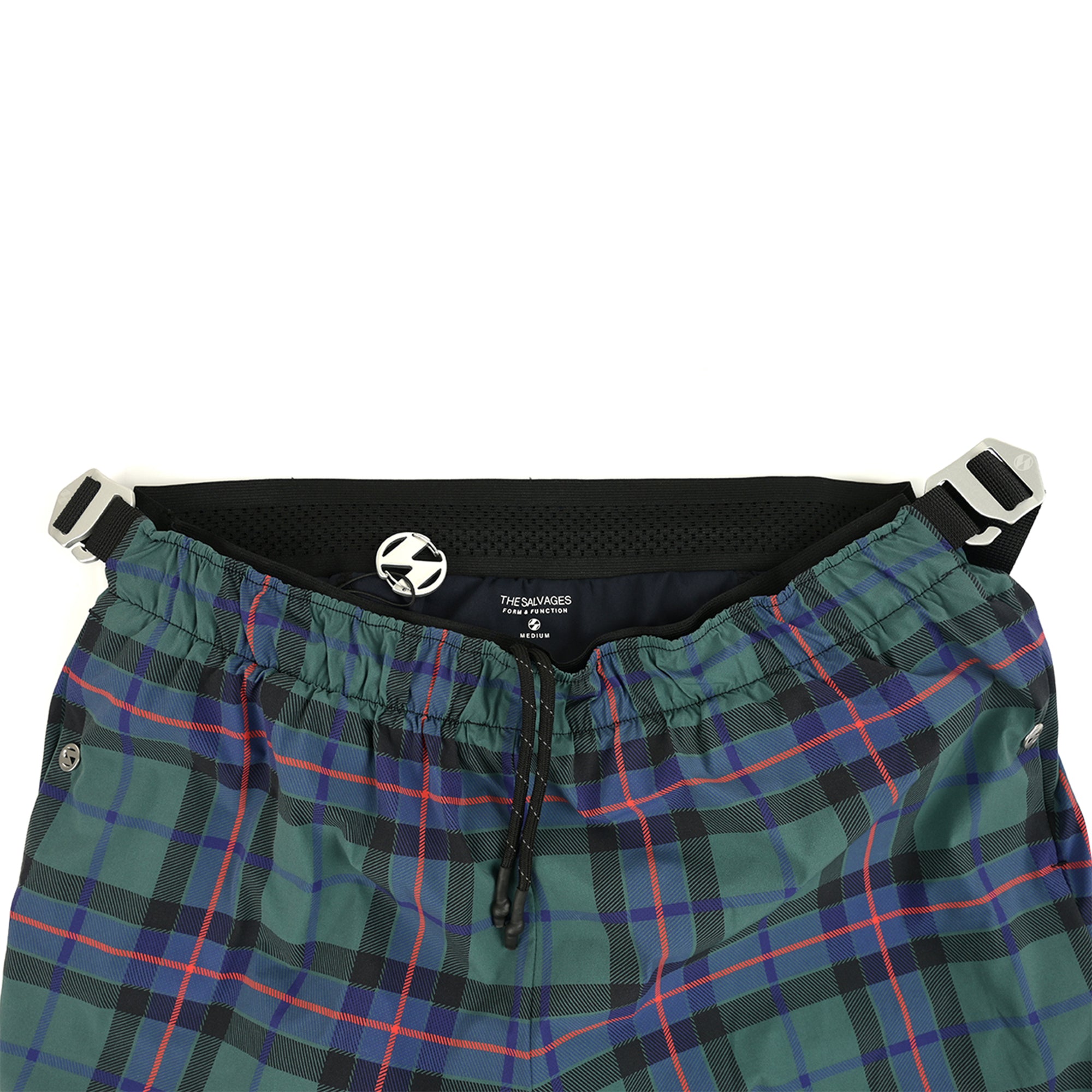 The Salvages SS22 Liberty Bondage 24HR Runner Pants in Morrison Green Tartan